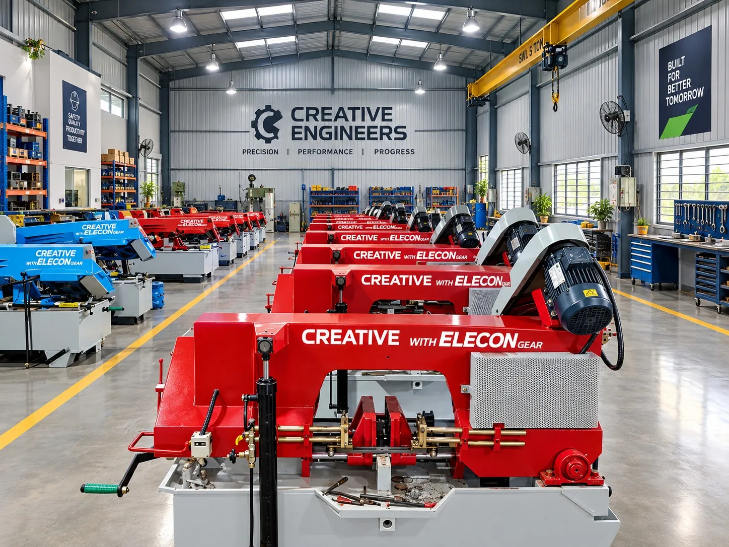 Creative Engineers workshop floor with rows of red and blue bandsaws